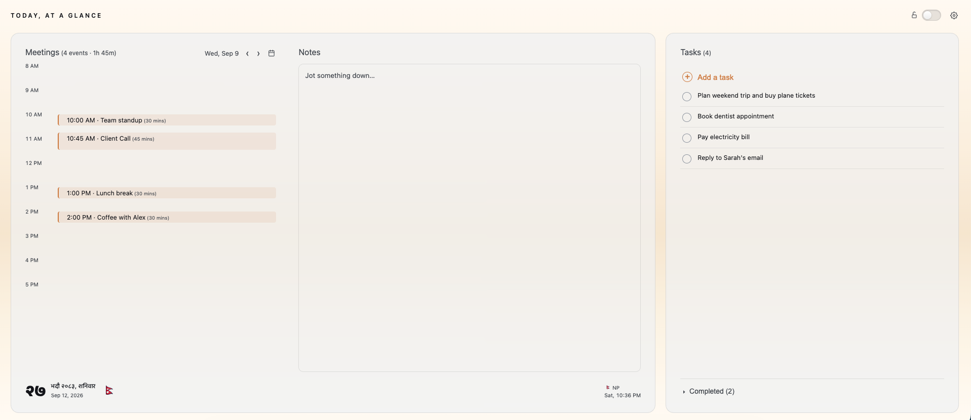 Today dashboard showing meetings, notes, and tasks