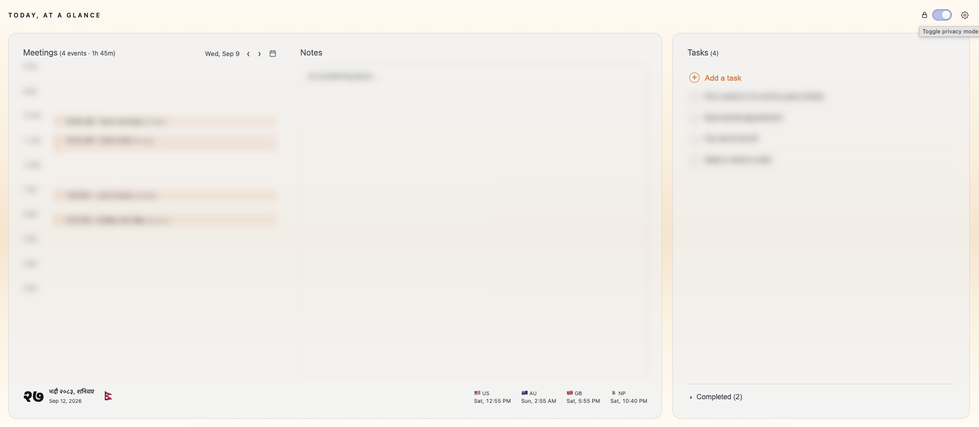 Dashboard with privacy mode enabled, blurring tasks and meetings