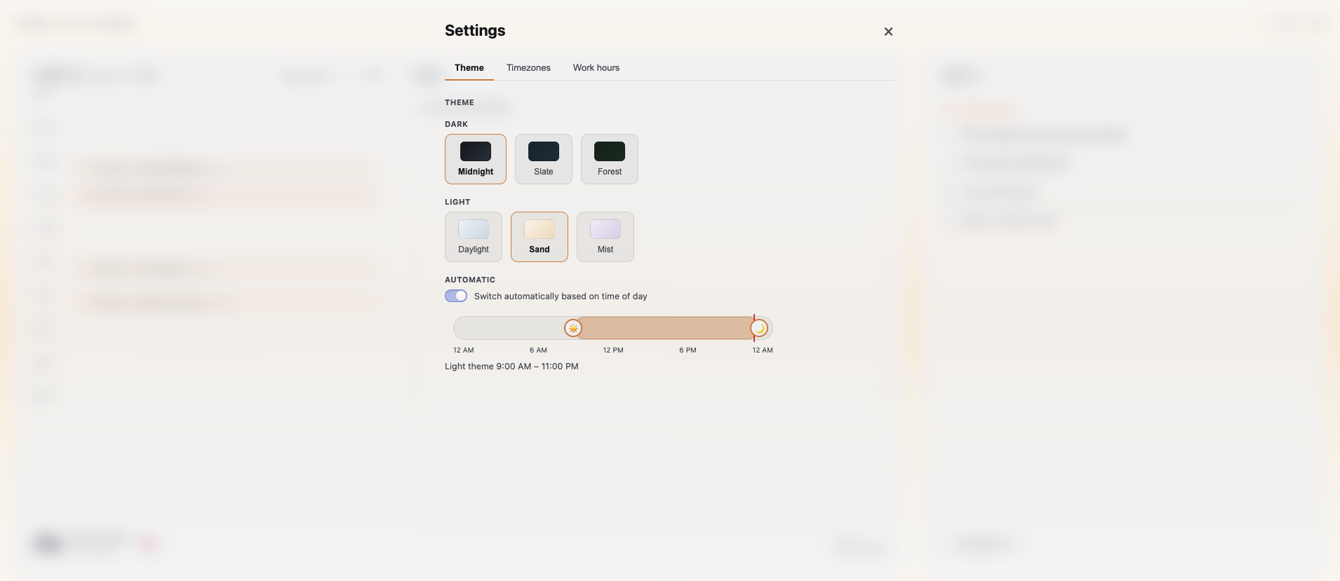 Theme settings with dark and light options and automatic switching