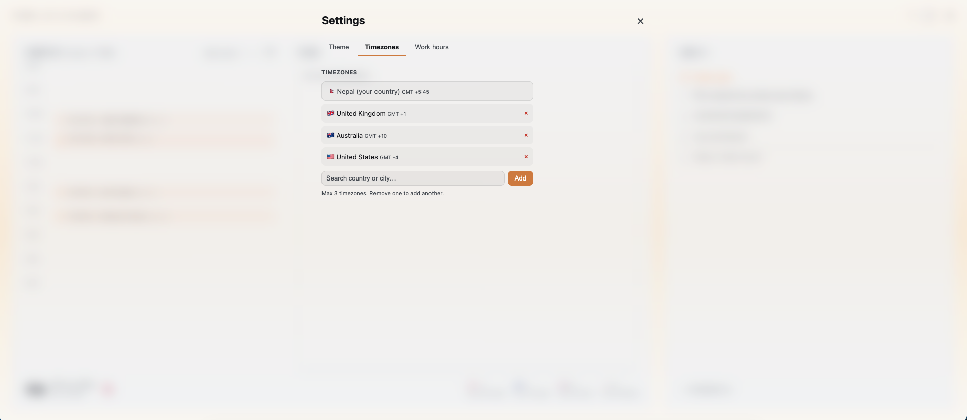 Timezones settings showing multiple countries and times