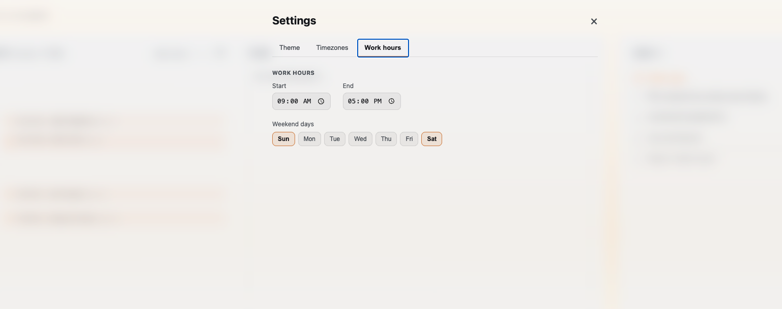 Work hours settings with start, end, and weekend days